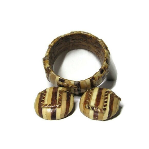 Wide Bangle and Clip Earrings Set Bark Strips - Picture 1 of 5